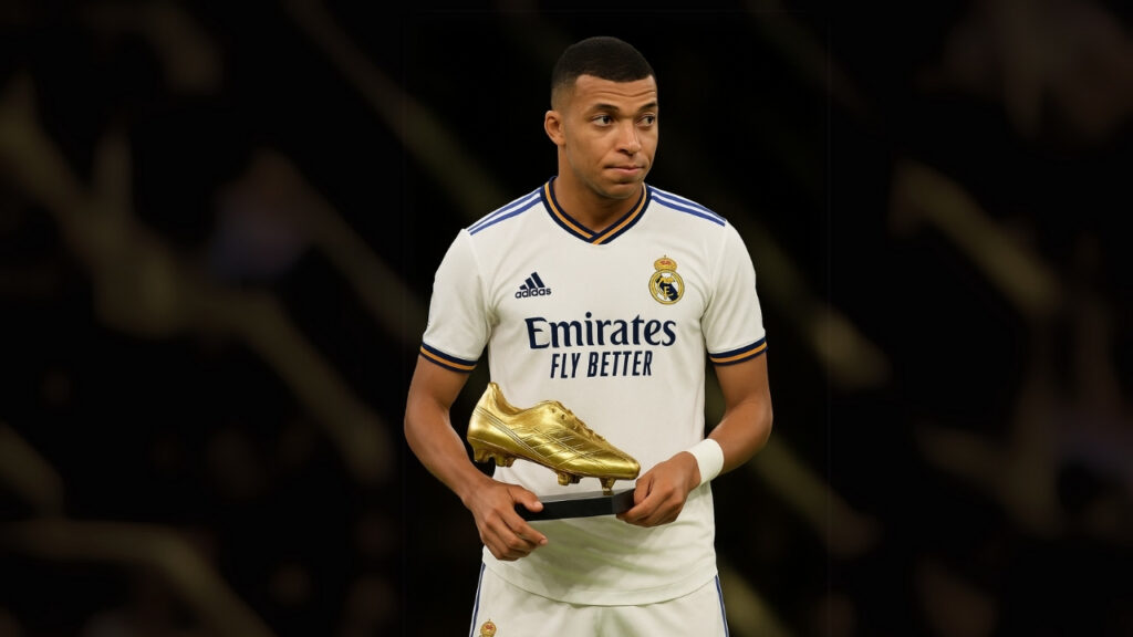 Kylian Mbappé holding La Liga Golden Boot 2024–25 trophy in Real Madrid kit