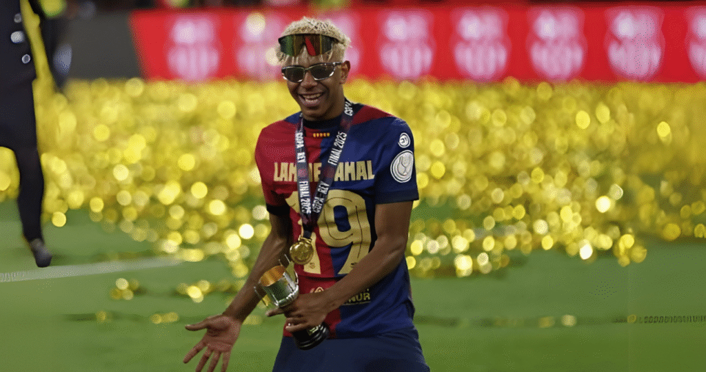 Lamine Yamal celebrating after signing a new contract with FC Barcelona in 2025
