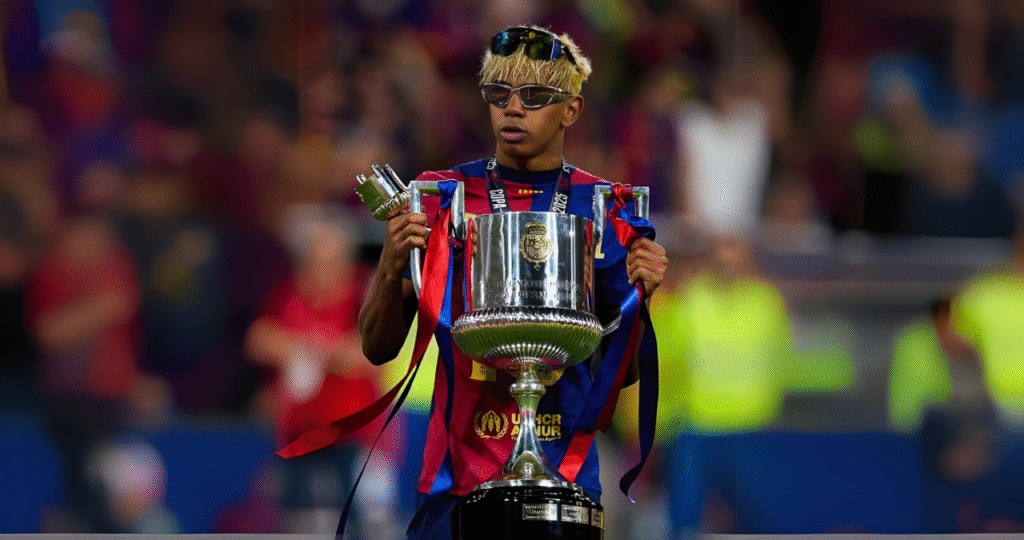 Lamine Yamal lifting the Copa del Rey trophy after Barcelona's 2025 final victory