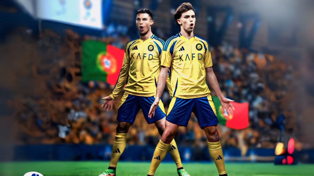 João Félix transfer to Al-Nassr — football stadium background with golden lights and fireworks”