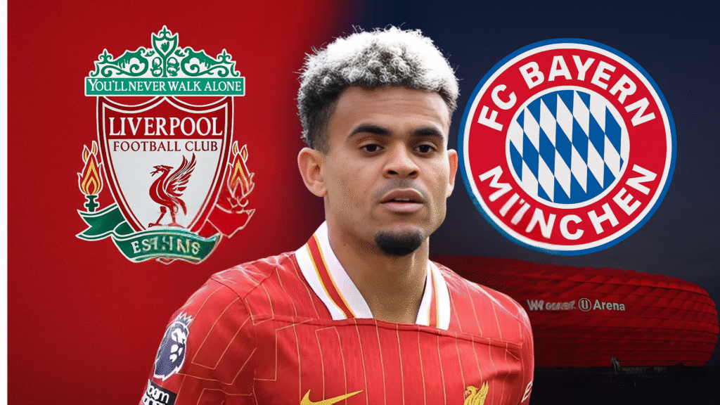 Luis Diaz in Liverpool kit with Bayern Munich logo showing confirmed £65.5m transfer move