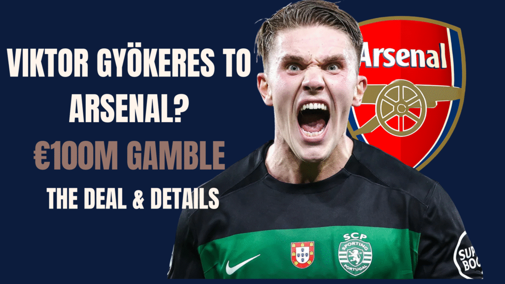 viktor gyökeres transfer blog cover with €100M headline and player image