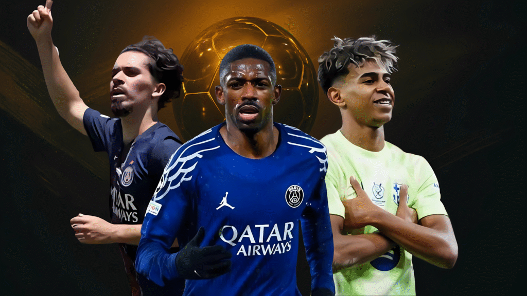 Ballon d’Or trophy with football theme background for Ballon d’Or 2025