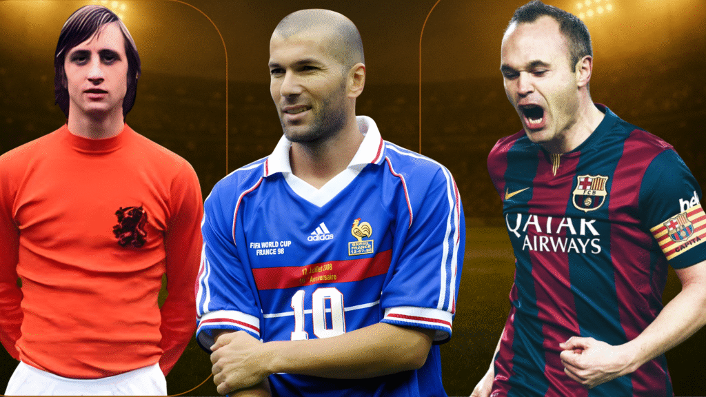 Golden football stadium background representing the greatest midfielders of all time in football history.