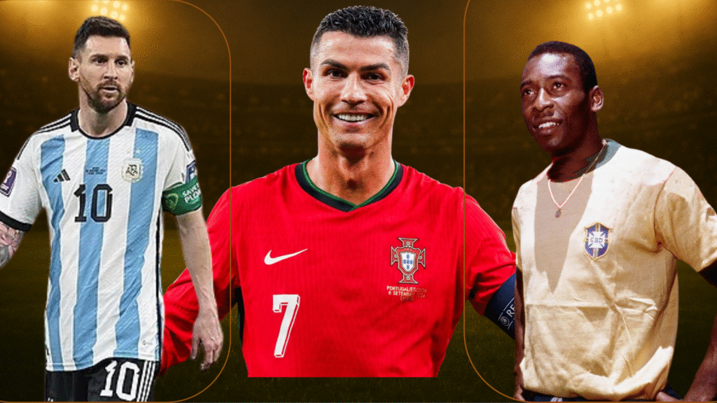 Golden stadium background showcasing the Top 10 greatest footballers of all time and their legacy in world football.