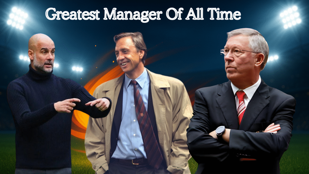 Greatest Managers of All Time featured image showing Ferguson, Guardiola, Cruyff, Paisley and Ancelotti