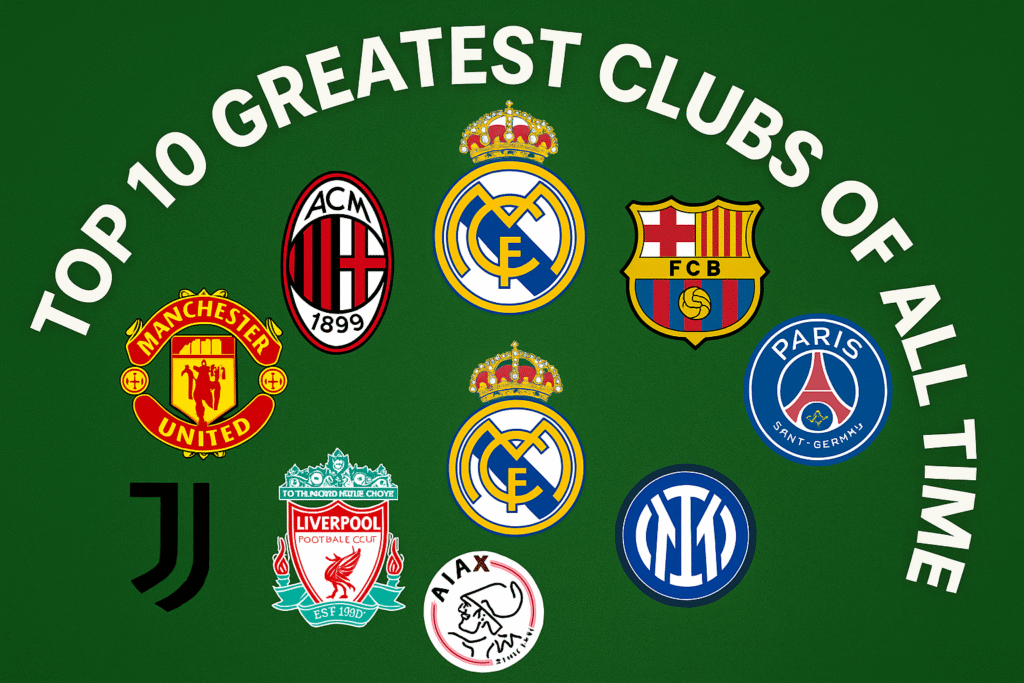 A collage showcasing the greatest football clubs of all time, featuring legendary players, iconic stadiums, and historic trophies.