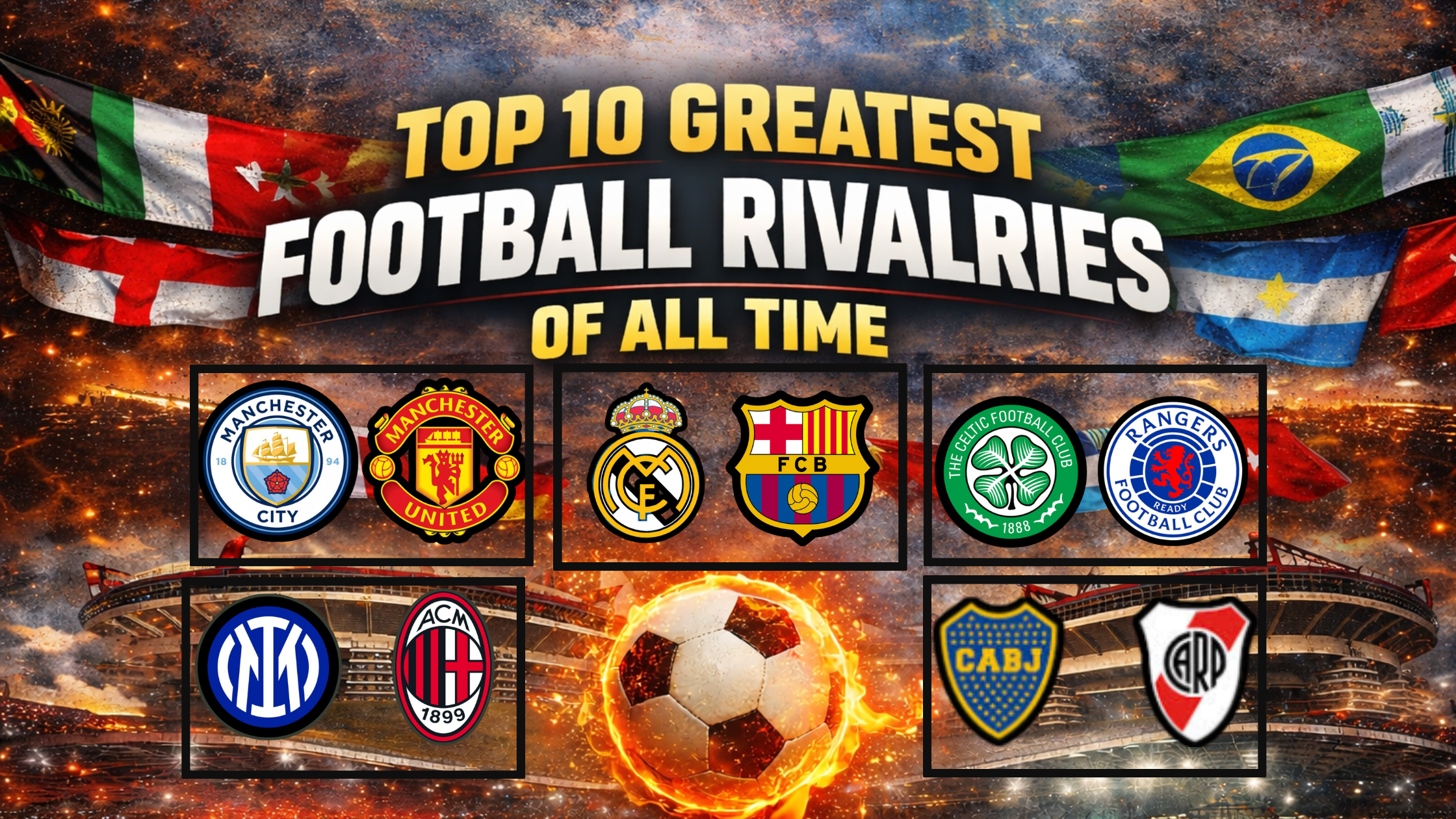 Greatest football rivalries of all time featuring iconic club logos, stadiums, and global football clashes